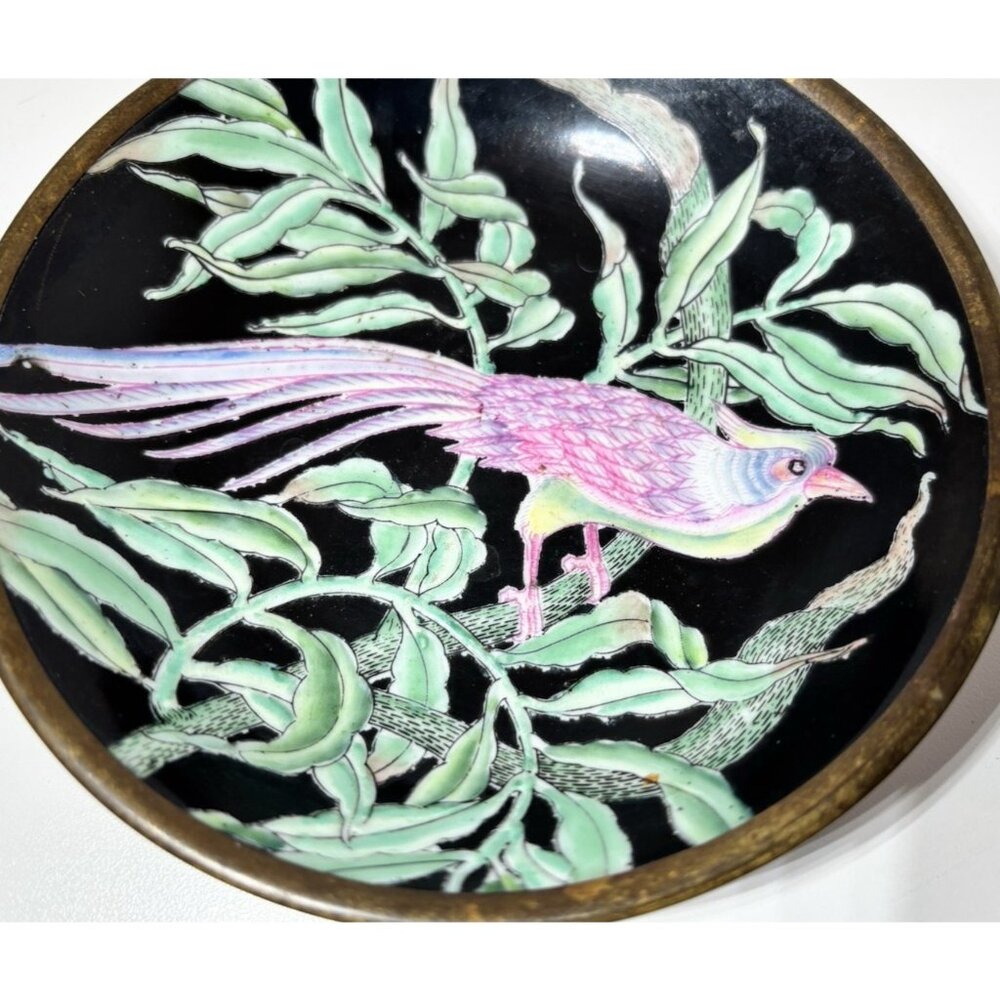 Vintage Brass Cloisonné Enamel Trinket Dish Floral Bird Pink & Green 5.5" - Picture 2 of 5
